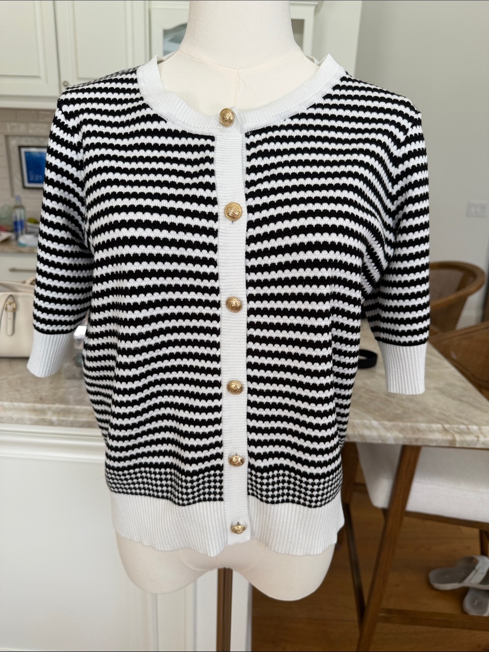 Adrianna Papell Black and White Striped Short-Sleeve Cardigan with Gold Buttons